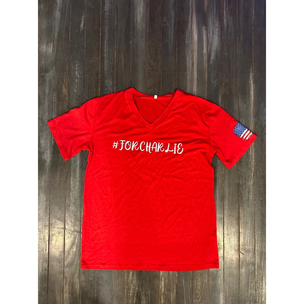 Red For Charlie V-Neck Graphic T-Shirt Short Sleeve American Flag Sleeve Womens